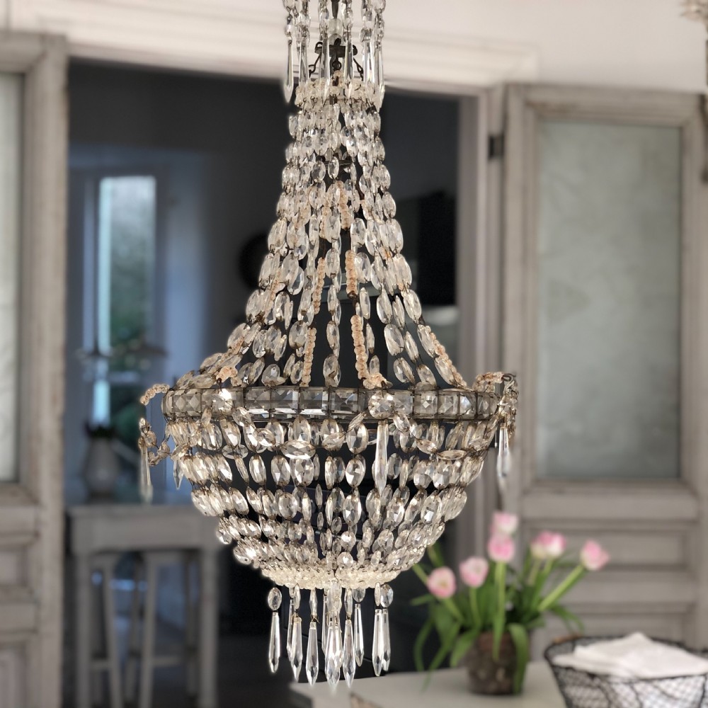 Large antique French crystal bag chandelier 
