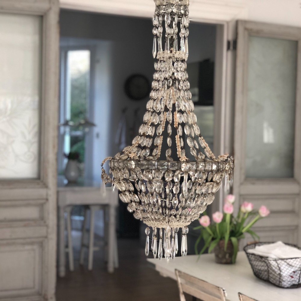 Large antique French crystal bag chandelier  View II