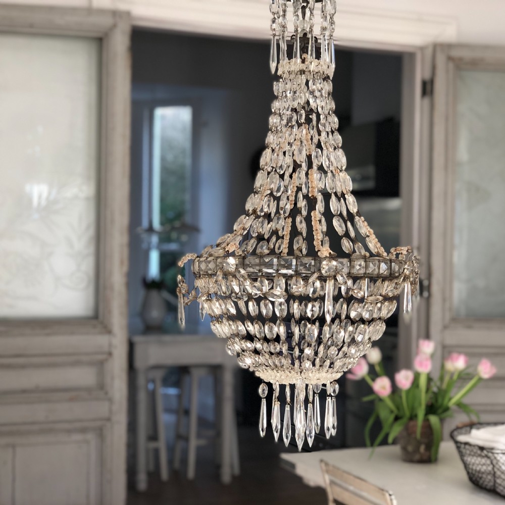 Large antique French crystal bag chandelier  View V
