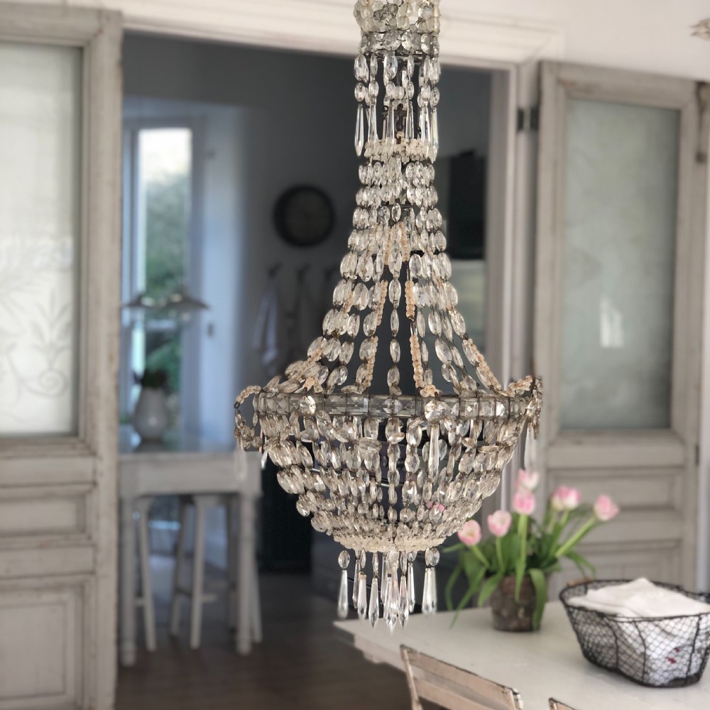 Large antique French crystal bag chandelier  View VI