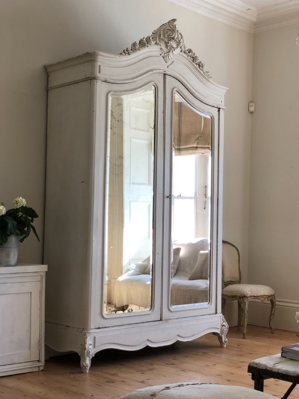 Large antique French Louis XV armoire wardrobe with hanging rail