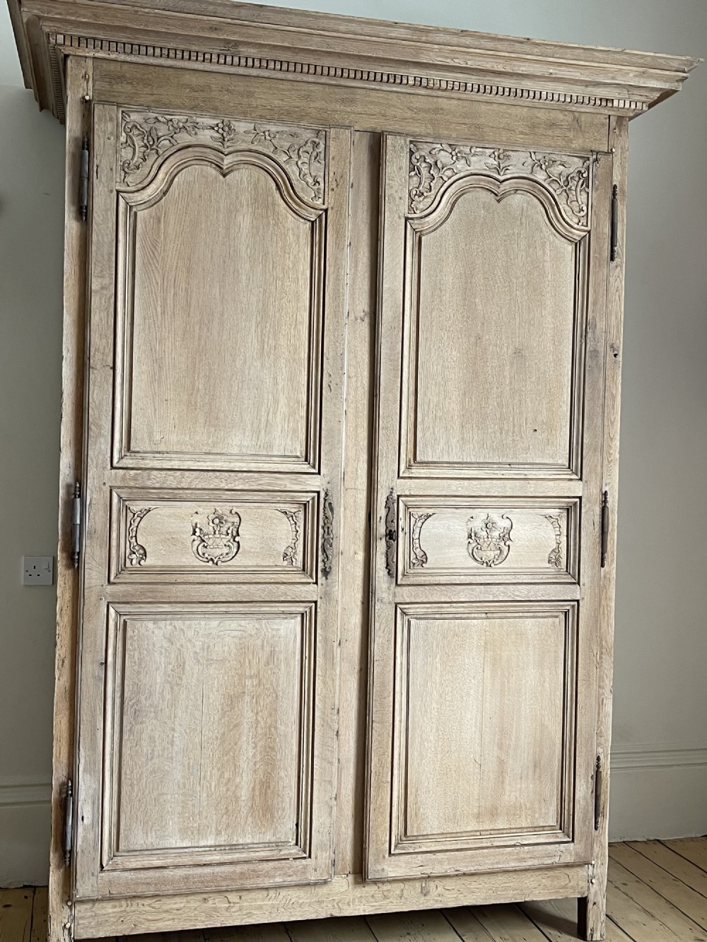 18th century antique French oak armoire linen press with hanging rail
