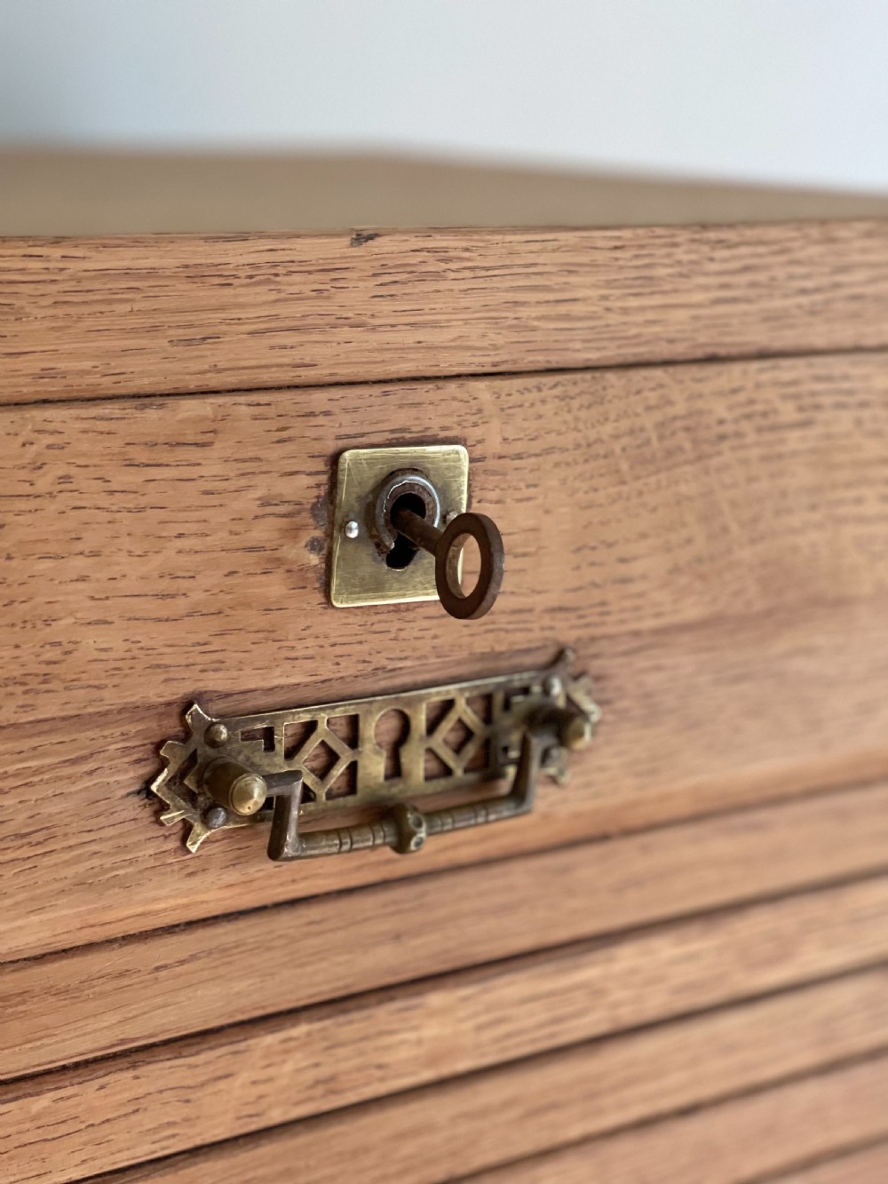Antique French oak tambour filing cabinet View II