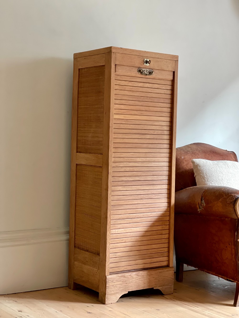 Antique French oak tambour filing cabinet View V