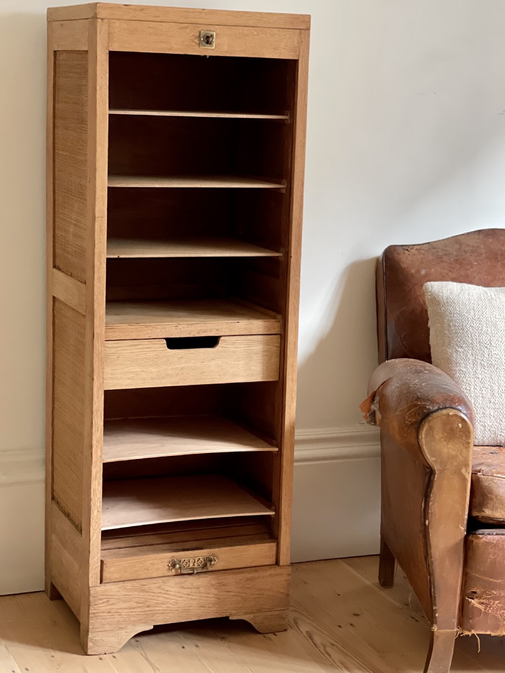 Antique French oak tambour filing cabinet View VII