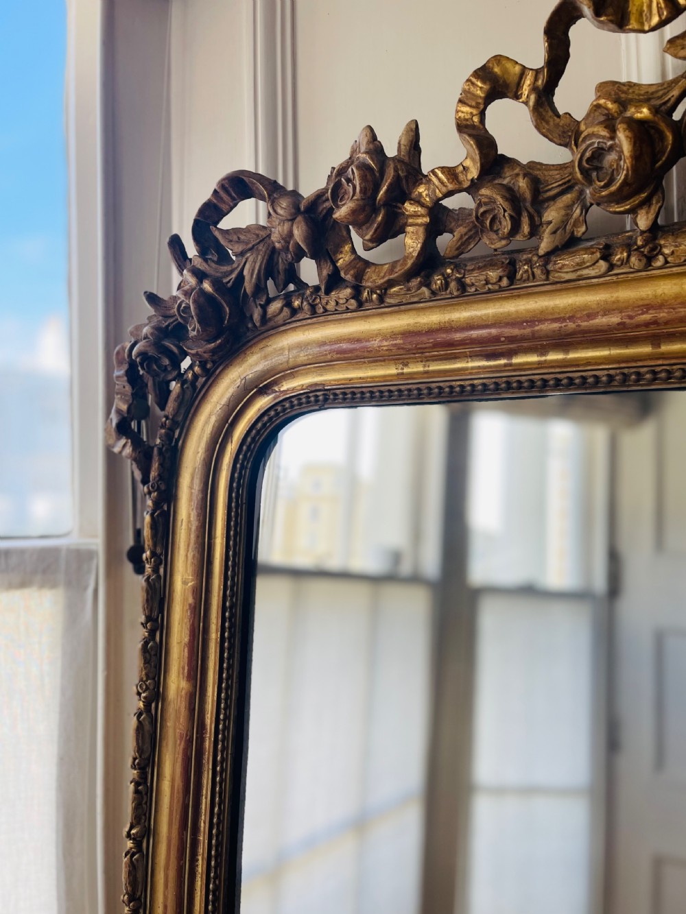 Antique French gilt Louis XVI mirror - mercury glass View V