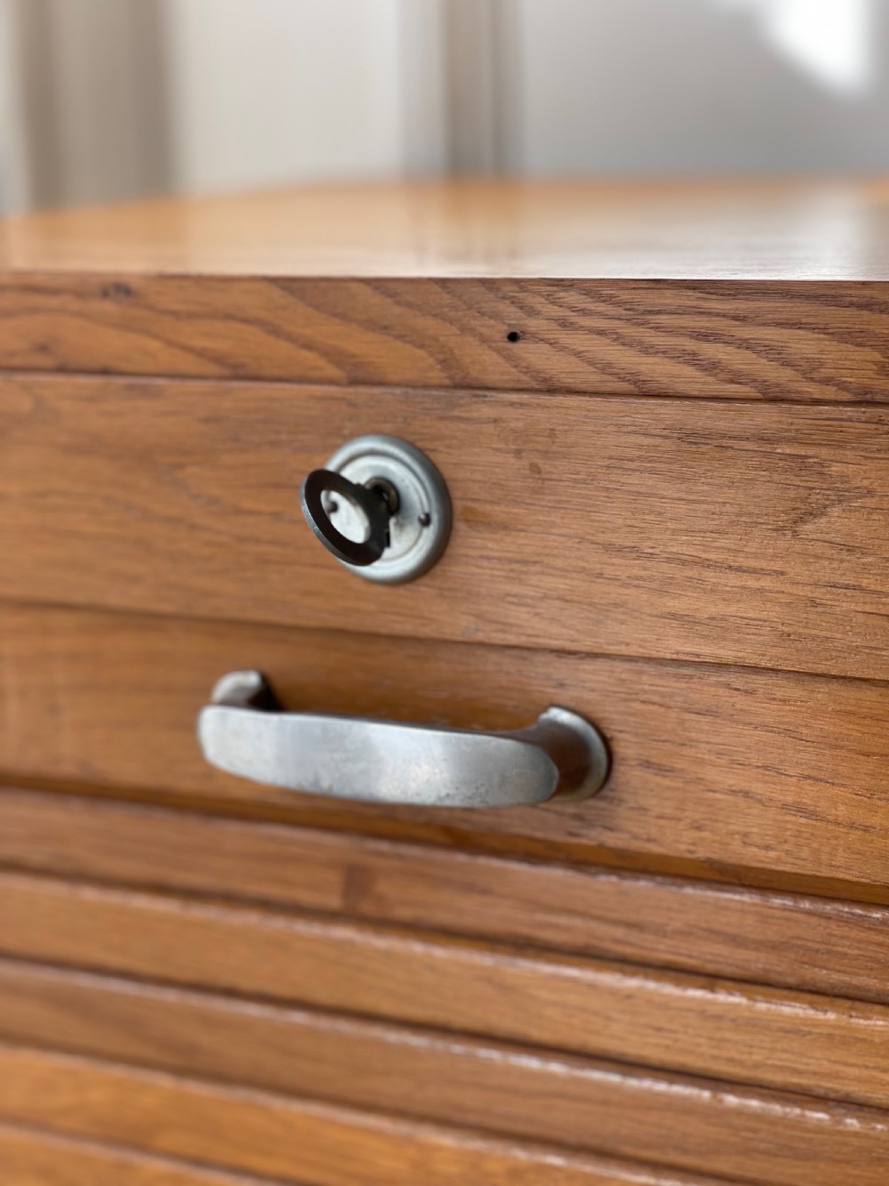 Antique French oak tambour cabinet  View III