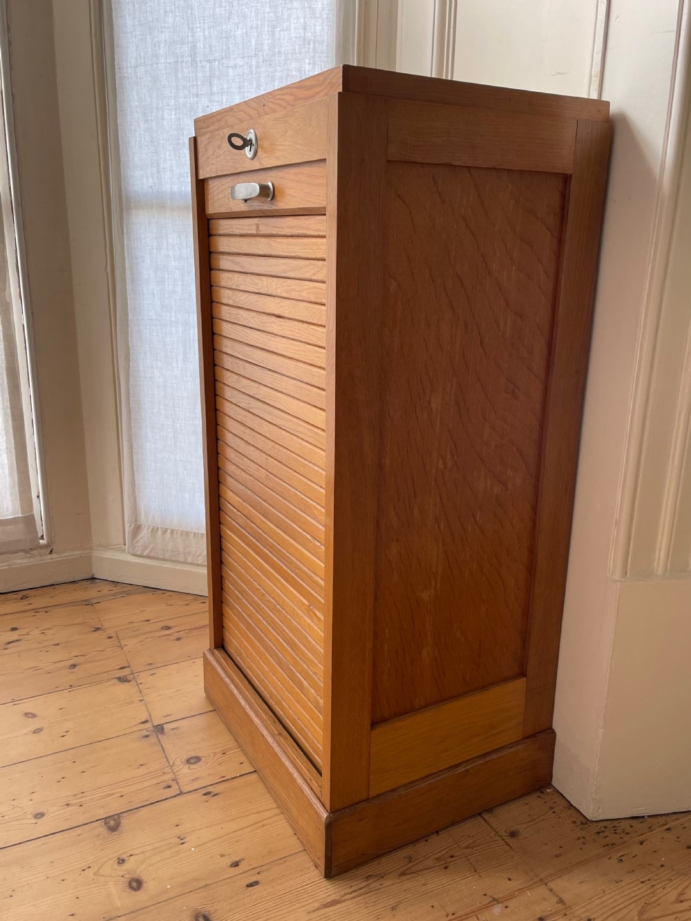 Antique French oak tambour cabinet  View V