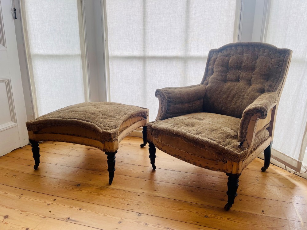 19th Century French hessian armchair and footstool View II