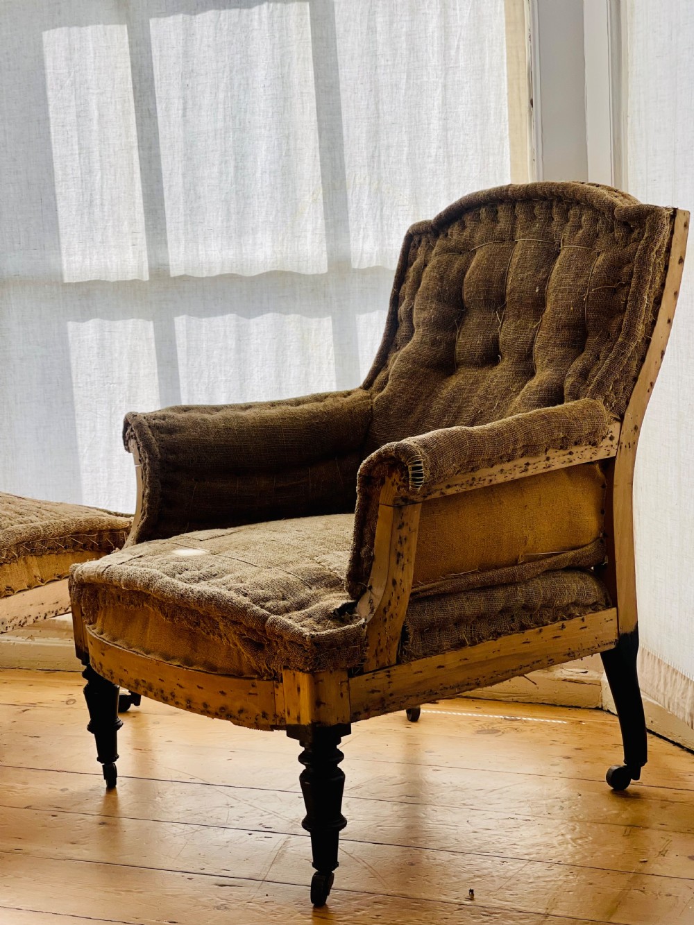 19th Century French hessian armchair and footstool View III