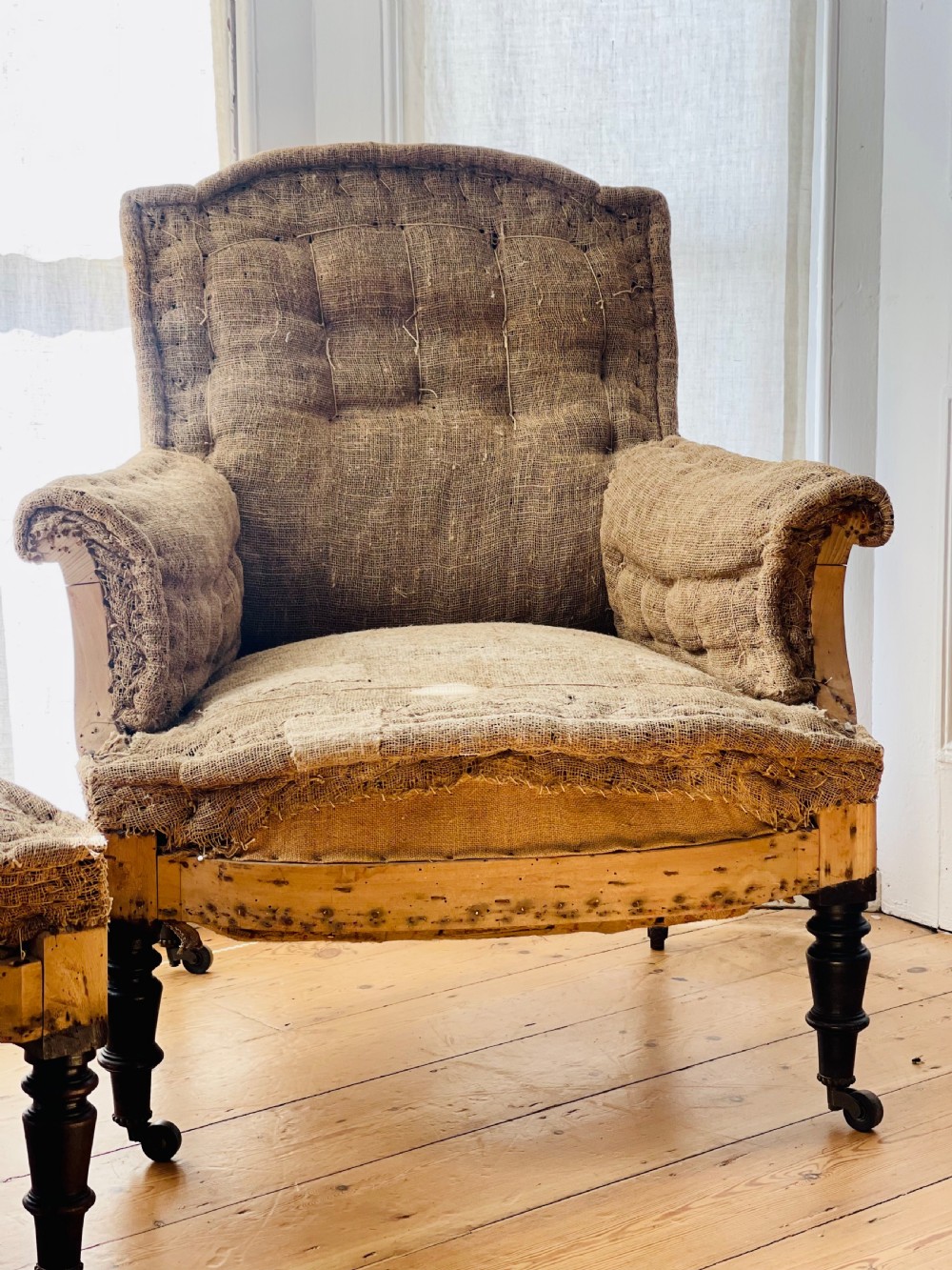 19th Century French hessian armchair and footstool View IV