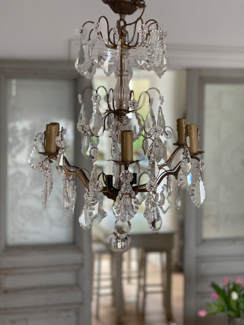 Antique French crystal 6 branch chandelier