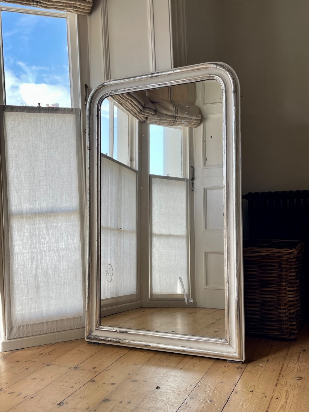 Large antique French silver gilt and gesso mirror