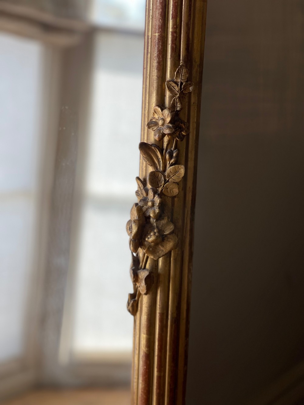 Large 19th century antique French gilt leaner mirror - mercury glass View IX
