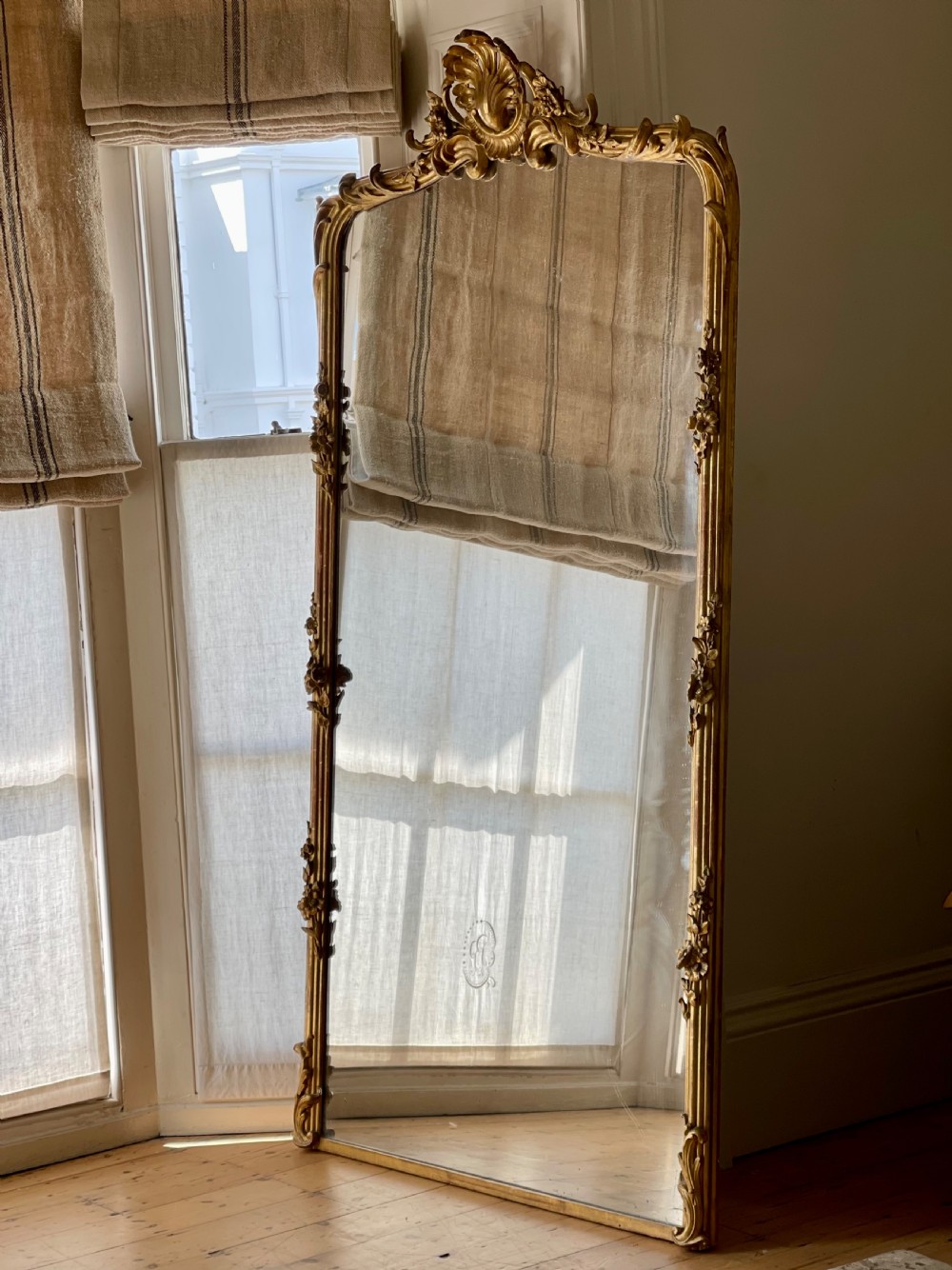 Large 19th century antique French gilt leaner mirror - mercury glass View XII