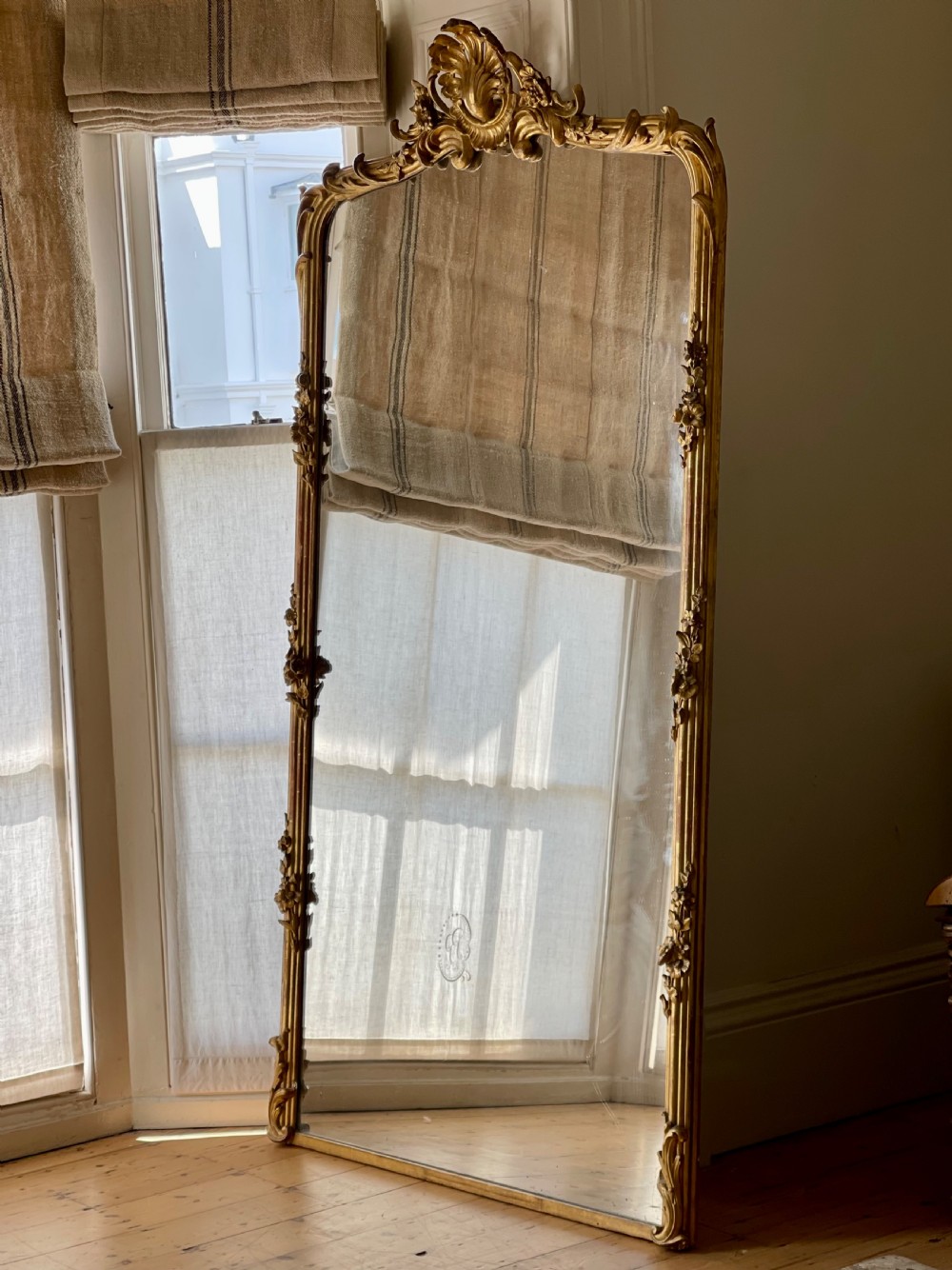 Large 19th century antique French gilt leaner mirror - mercury glass View XIII