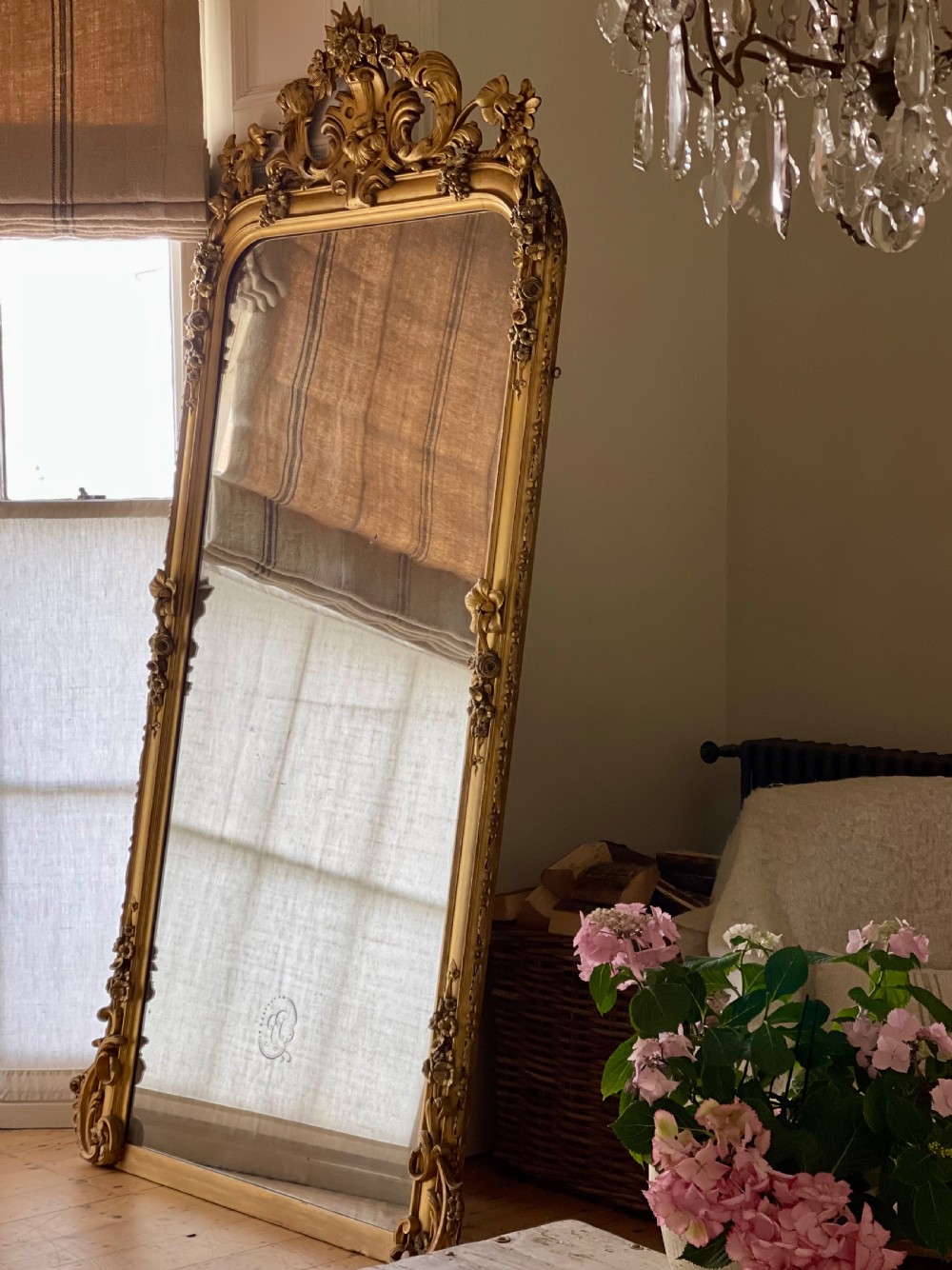 Large 19th century French leaner mirror overmantel 