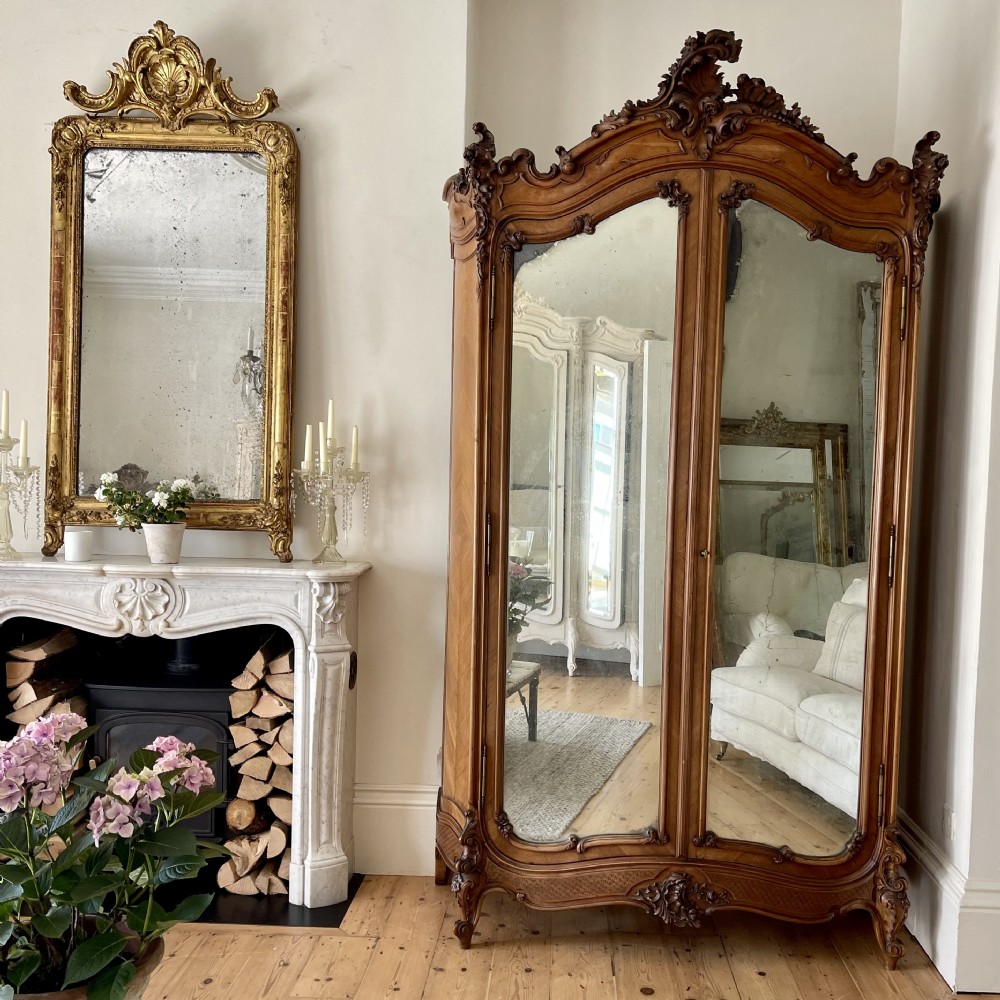Antique French double armoire wardrobe with hanging rails 
