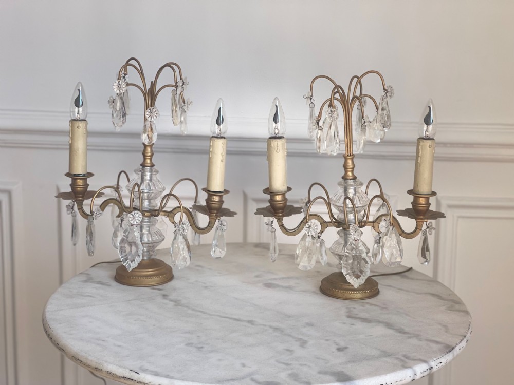 Pair of antique French crystal lamps