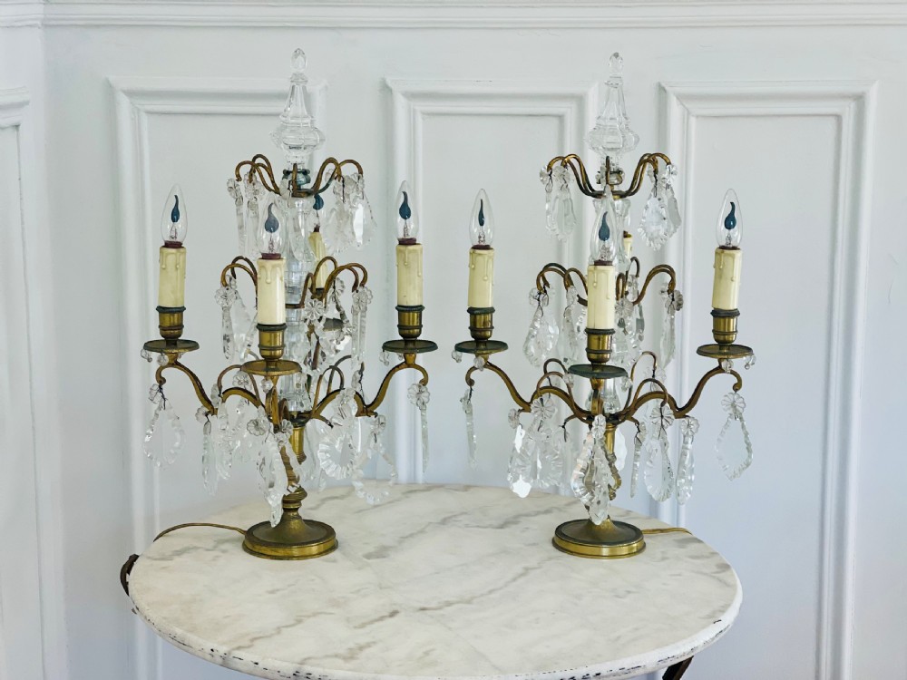 Pair of large antique French crystal table lamps