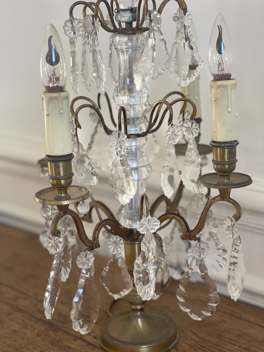 Pair of large antique French crystal table lamps View II
