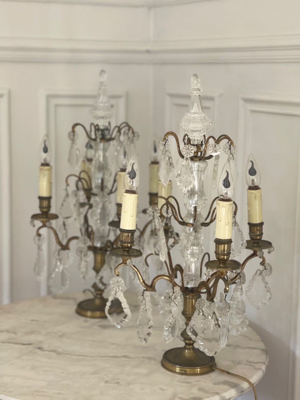 Pair of large antique French crystal table lamps View VI