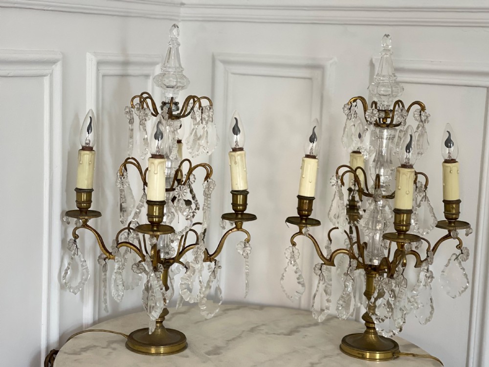 Pair of large antique French crystal table lamps View XI