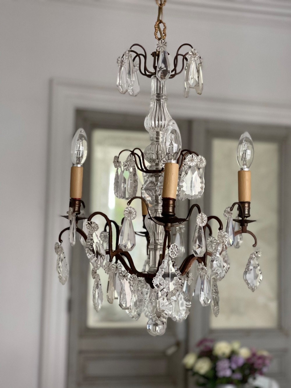 Antique French crystal 4 arm chandelier View XI