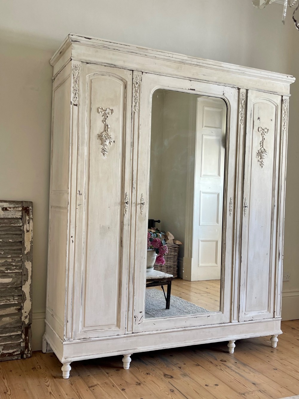 Antique French painted triple armoire  View II