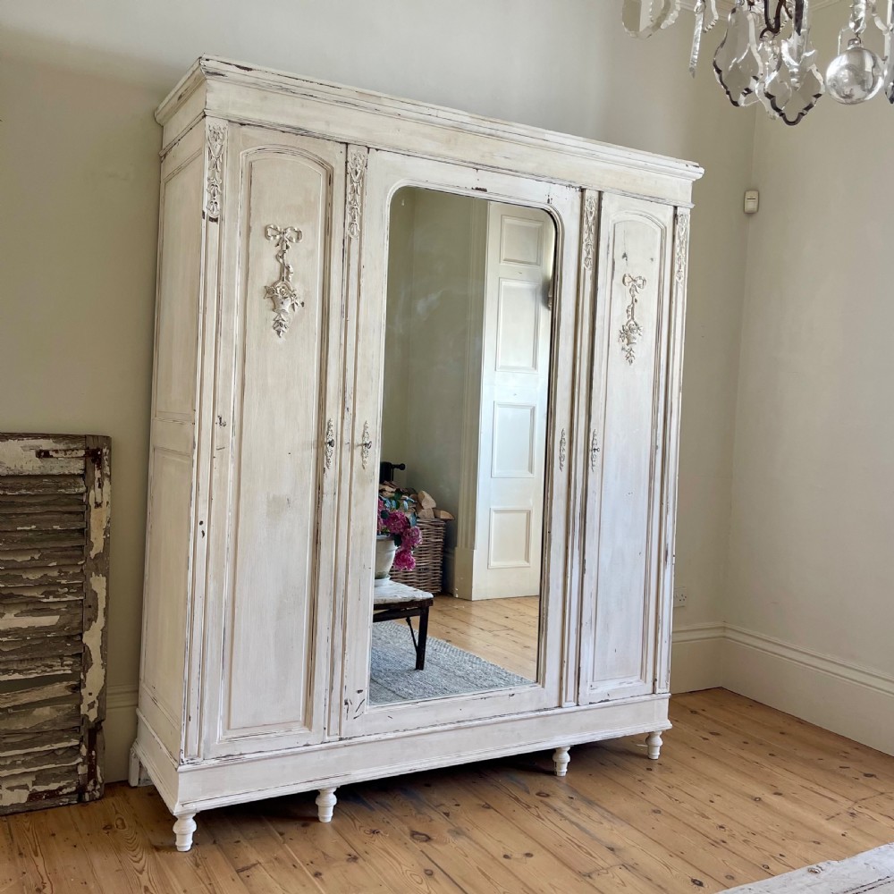 Antique French painted triple armoire  View III