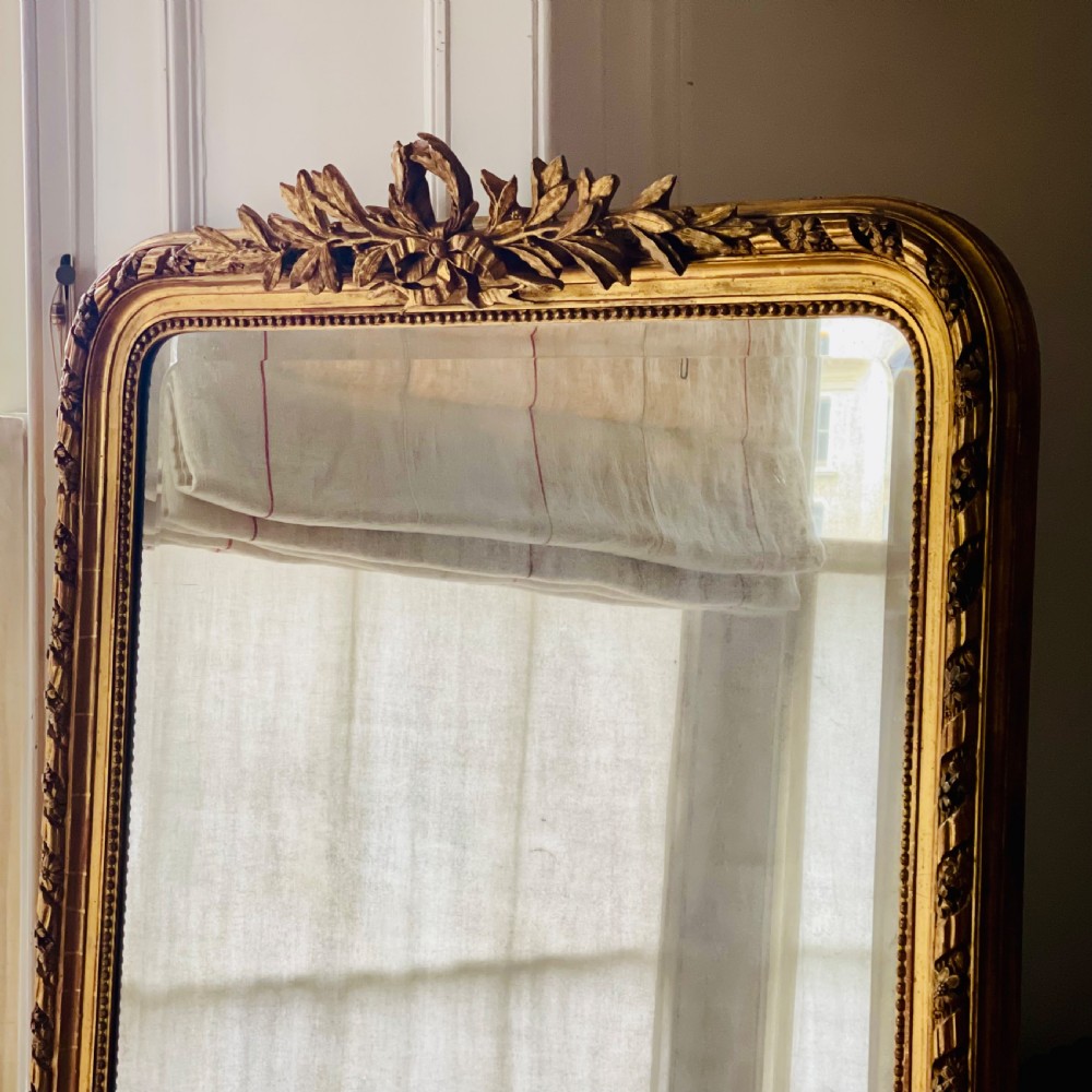 Large antique French gilt leaner mirror - bevelled mercury glass View II