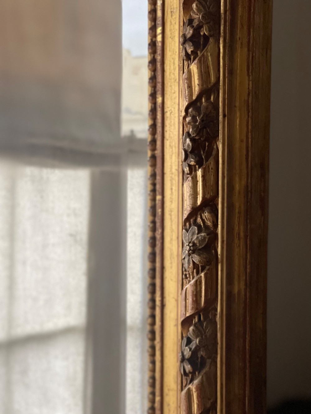 Large antique French gilt leaner mirror - bevelled mercury glass View VI