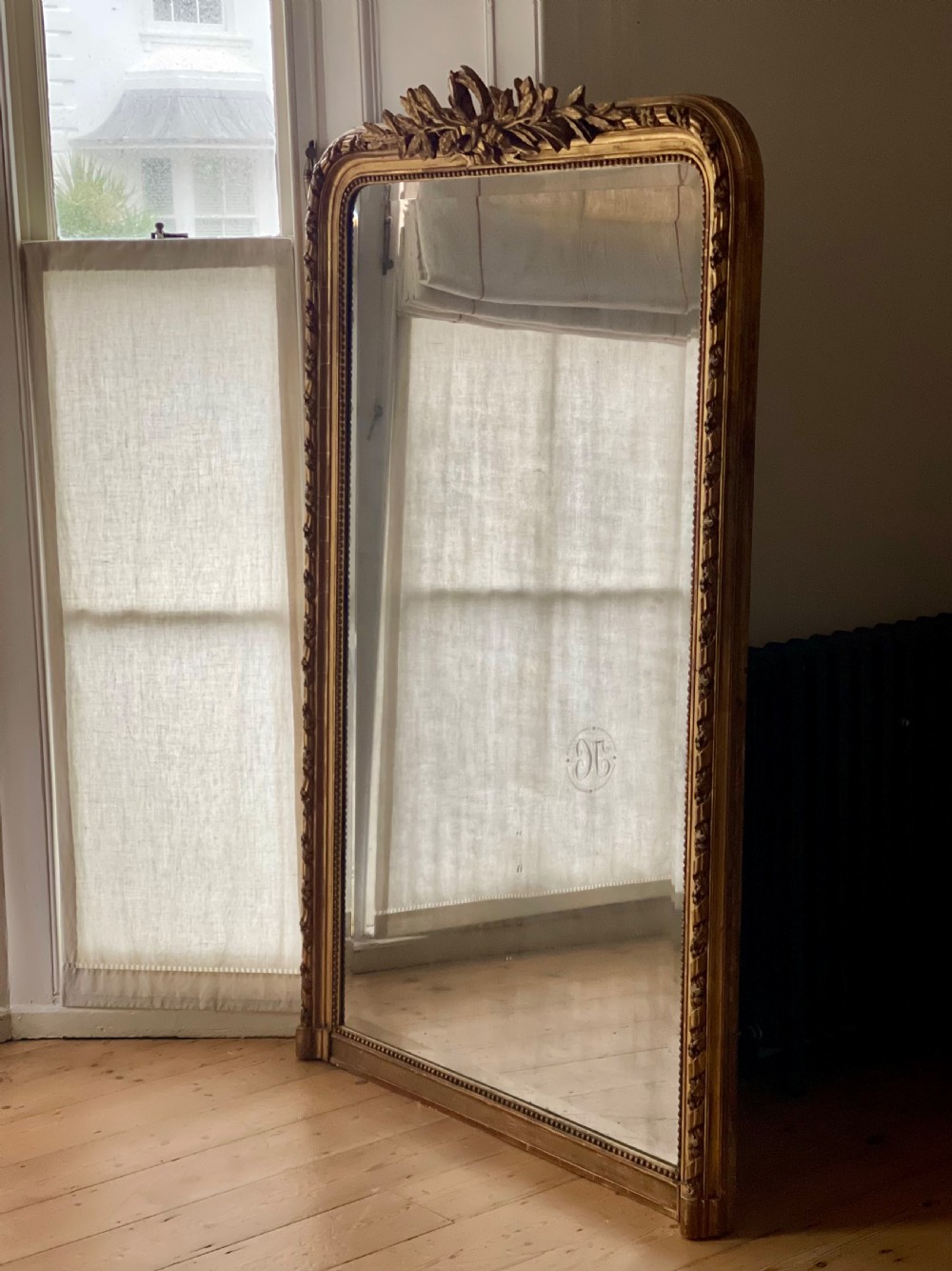Large antique French gilt leaner mirror - bevelled mercury glass View VIII