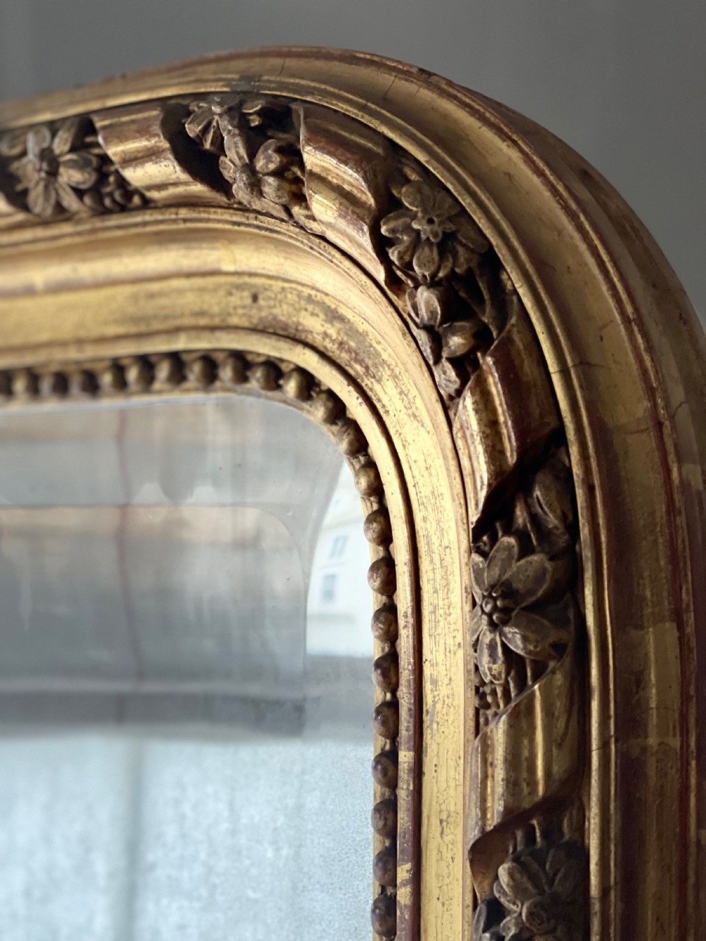Large antique French gilt leaner mirror - bevelled mercury glass View XIV