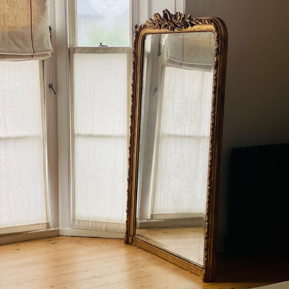 Large antique French gilt leaner mirror - bevelled mercury glass View XVI