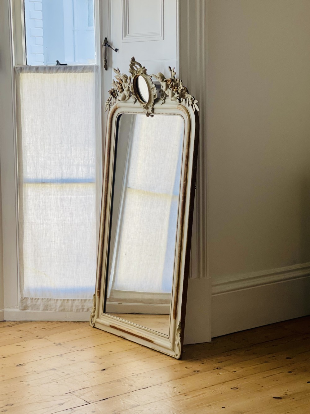 French gilt and bare gesso cherub mirror - mercury glass

