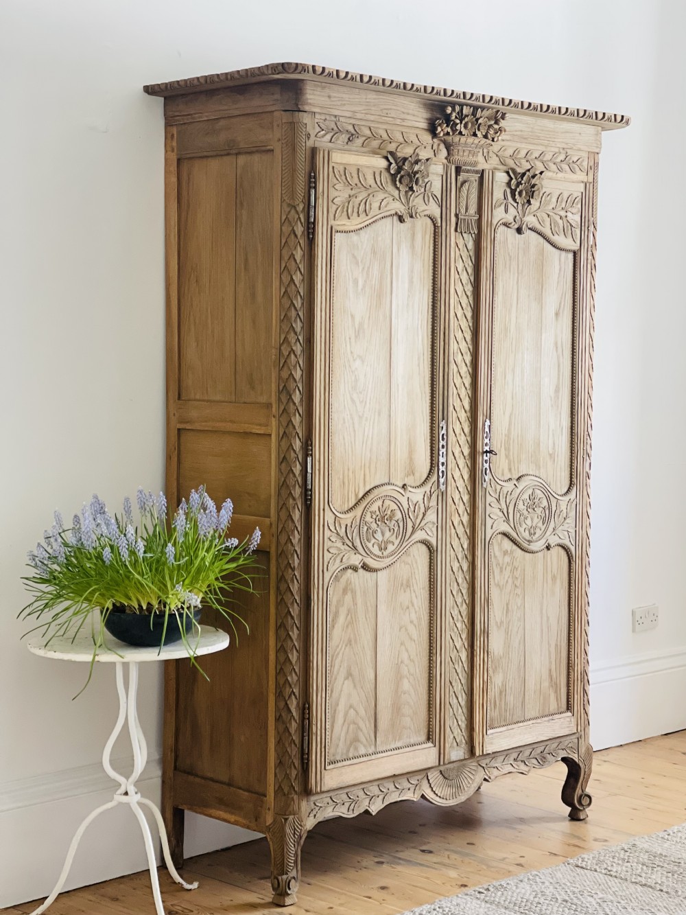 Antique French oak wedding armoire wardrobe with hanging rail