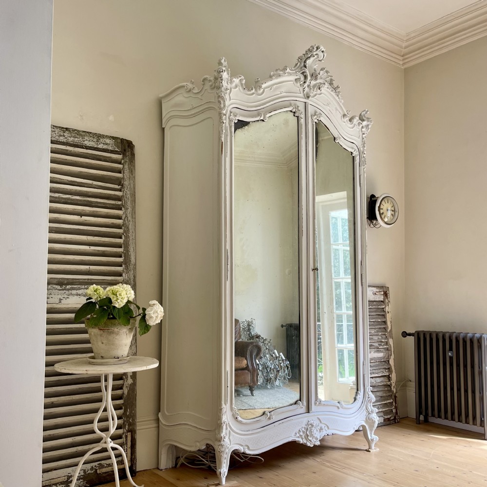 Antique French painted Louis XV armoire wardrobe with hanging rails