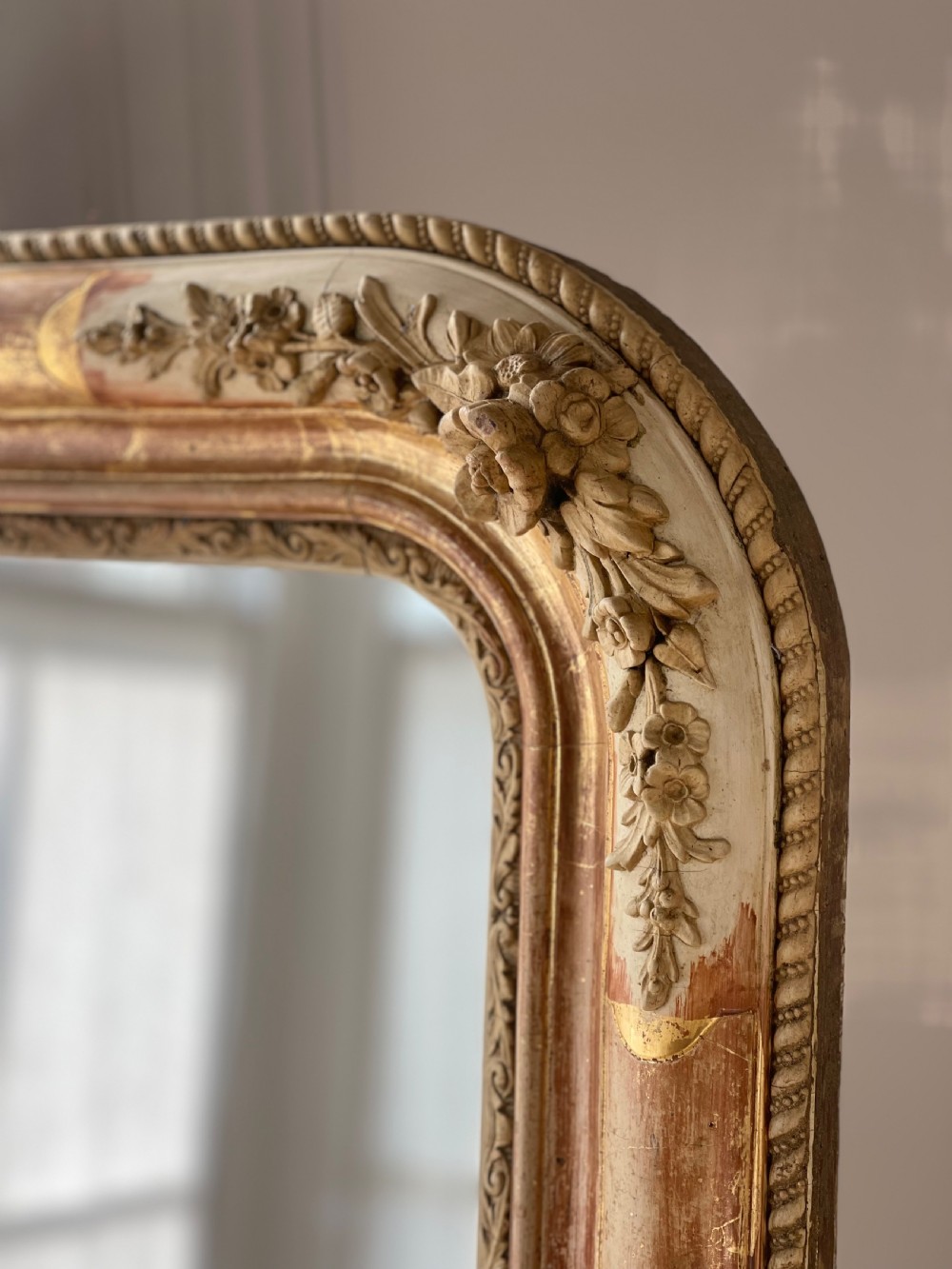  Large antique French gilt and bare gesso Louis Philippe mirror - mercury glass 
 View VI