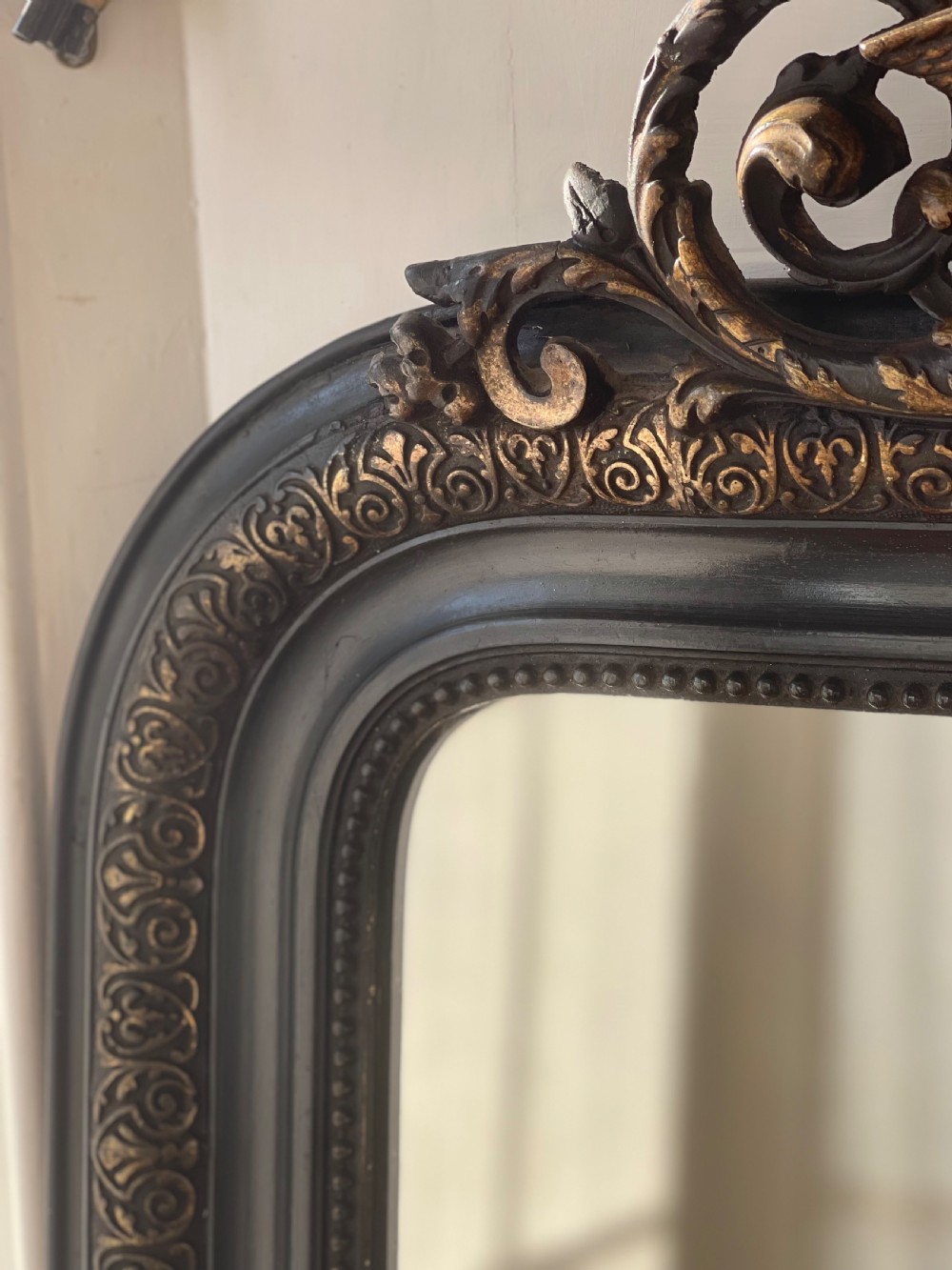 Large antique French and gilt ebonised mirror  View III