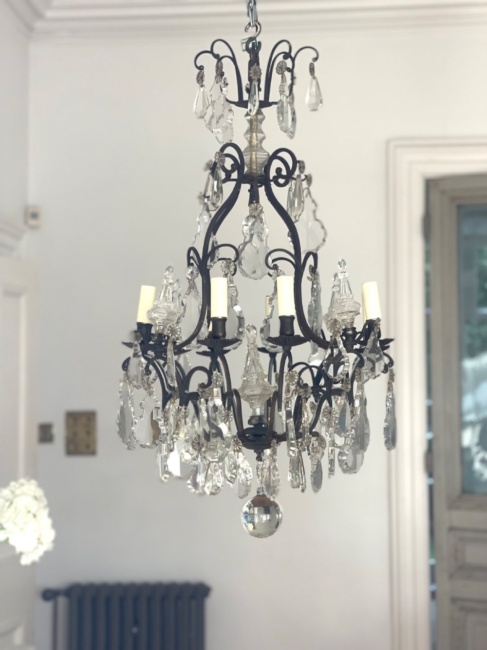 Large antique French crystal cage chandelier