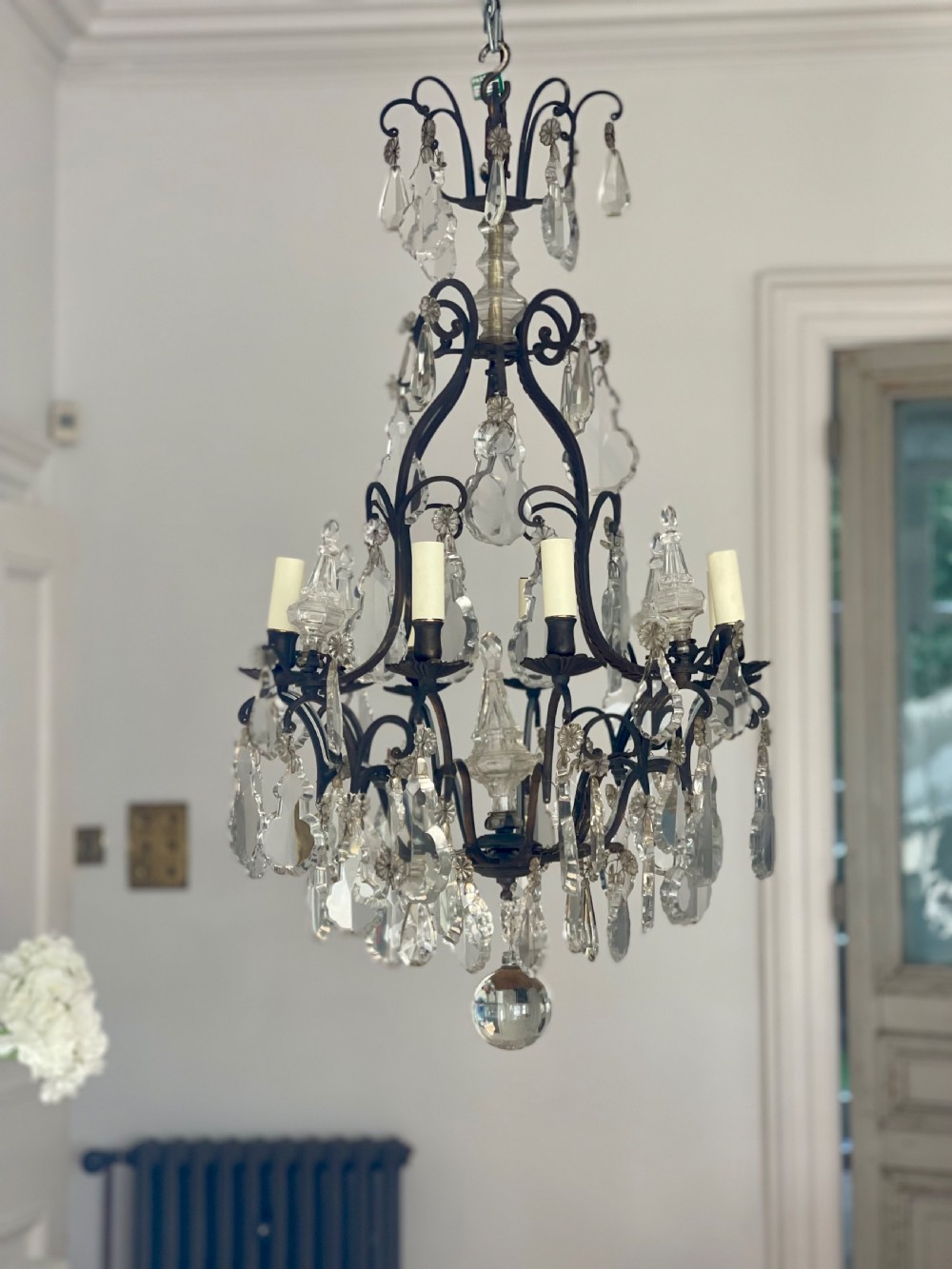Large antique French crystal cage chandelier