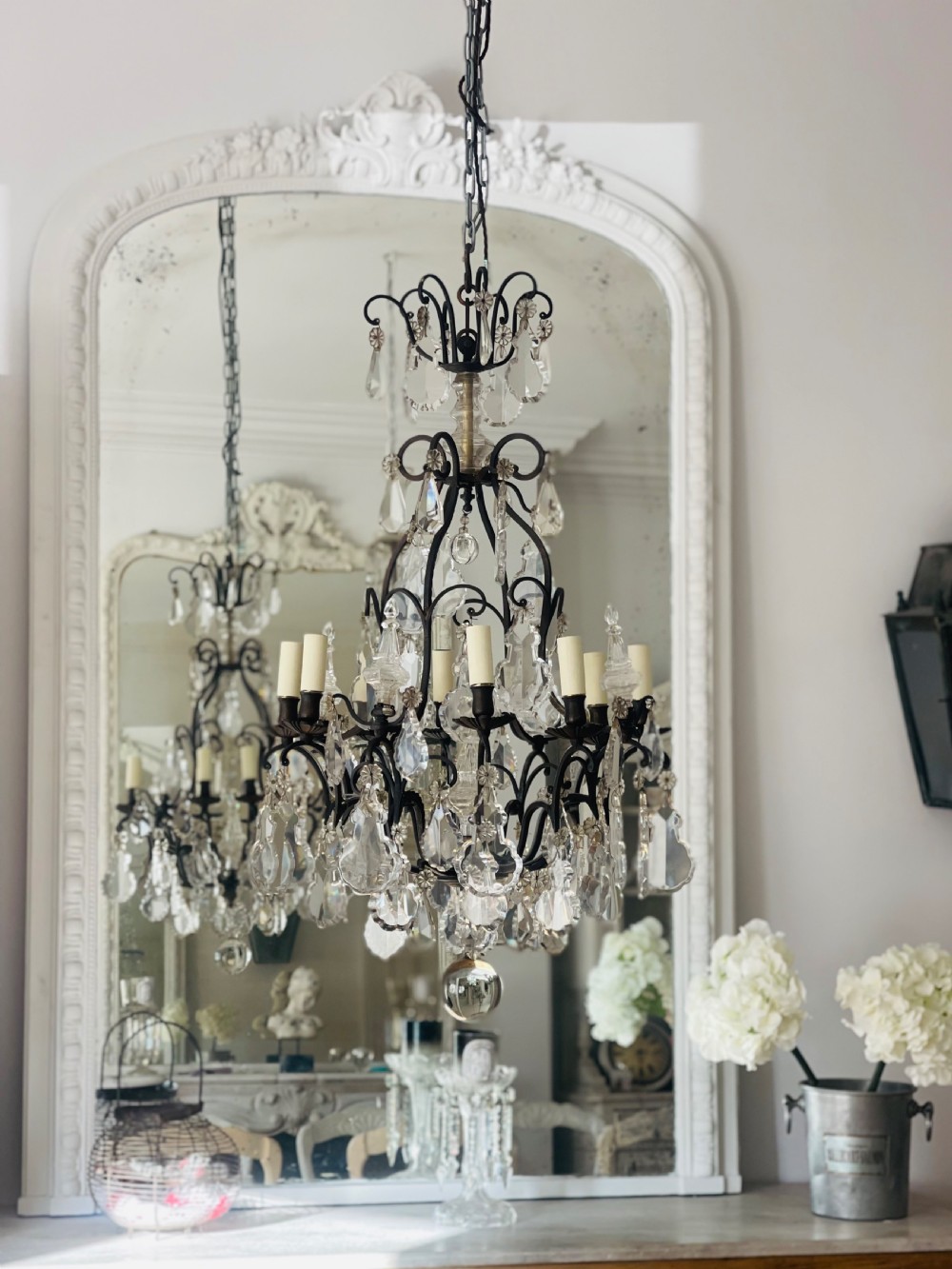 Large antique French crystal cage chandelier View III