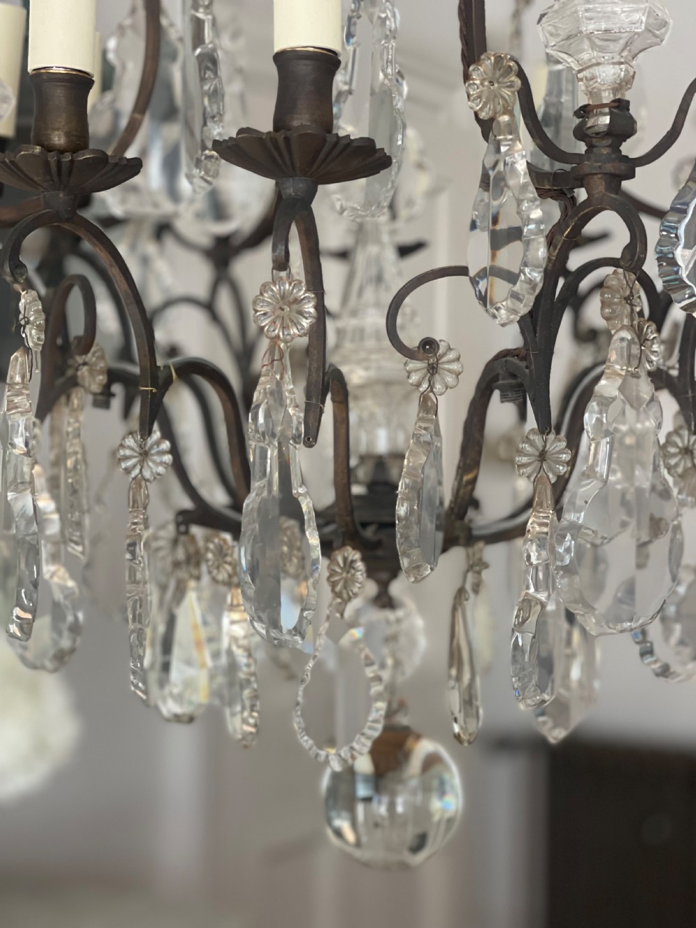 Large antique French crystal cage chandelier View V