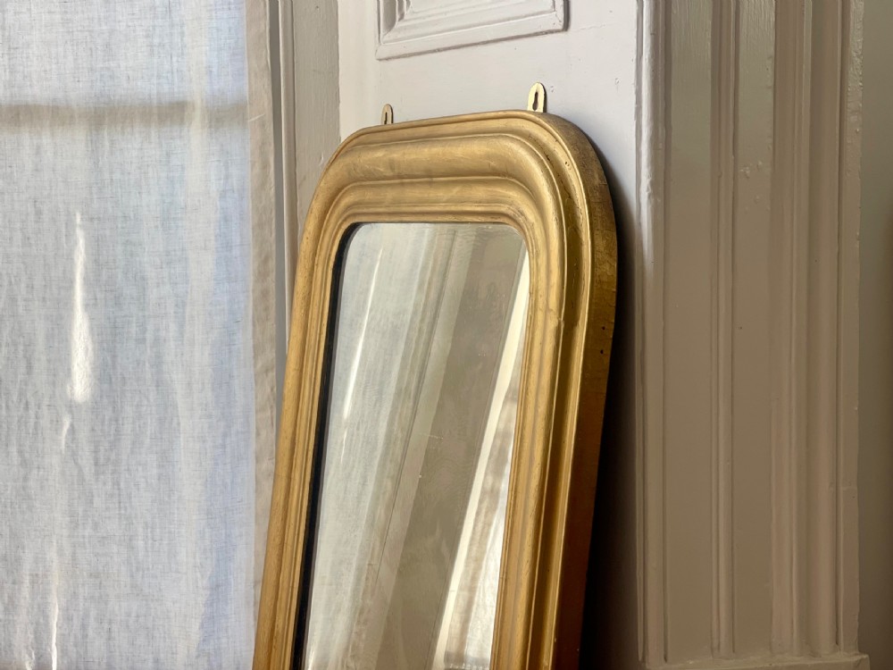 An upright antique French Louis Philippe mirror featuring an ogee-moulded frame with a gilded gold leaf finish and rounded upper corners. View IV