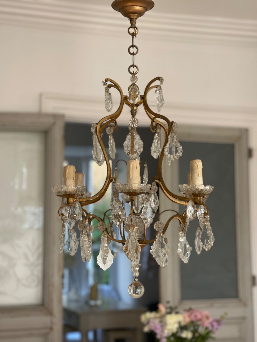 Antique French crystal cage chandelier