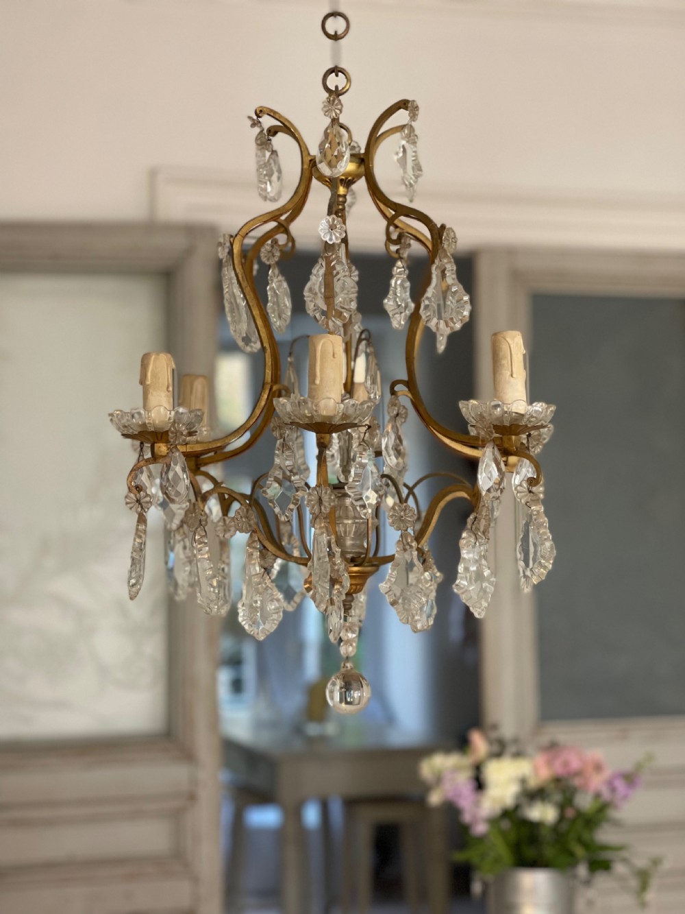 Antique French crystal cage chandelier View II