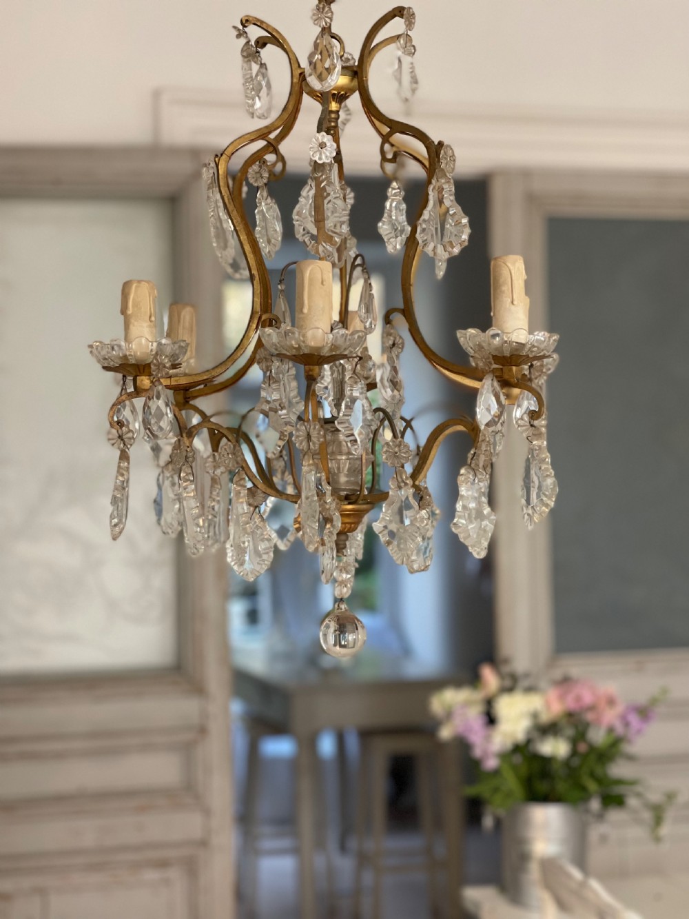 Antique French crystal cage chandelier View III