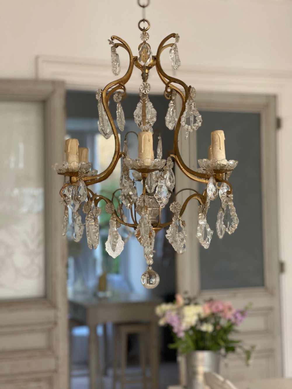 Antique French crystal cage chandelier View IV