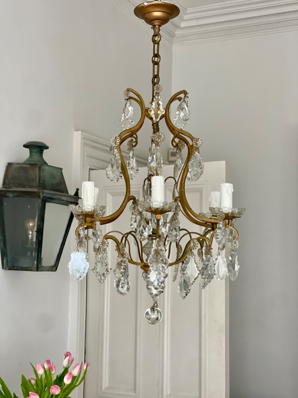 Antique French crystal cage chandelier
